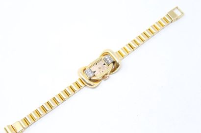 null Montre bracelet de dame, boîtier ovale en or jaune 18k (750) et platine, cadran...