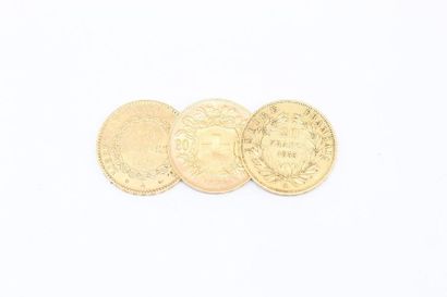 null Lot composé de trois pièces de 20 Francs en or jaune : 

- Au génie (1875 A)

-...