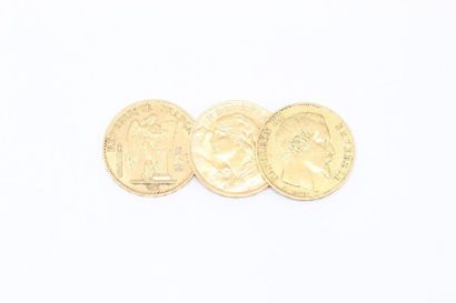null Lot composé de trois pièces de 20 Francs en or jaune : 

- Au génie (1875 A)

-...