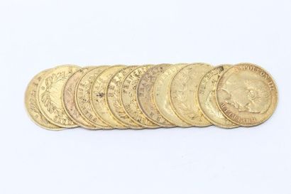 Set of twelve gold coins Napoleon III bareheaded....