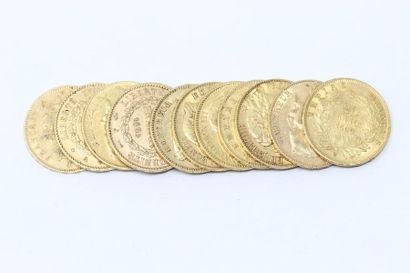 Lot of twelve gold coins of 20 Francs: 

-...