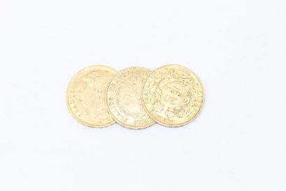 Lot de 3 pièces de 20 Francs en or : 

-...