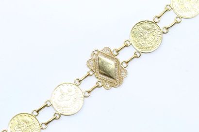 null Bracelet en or jaune 18k (750) composé de six pièces turques de 100 kurus 1917.

Tour...