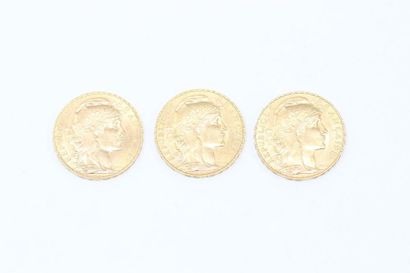 Lot of 3 pieces of 20 Francs gold au Coq,...