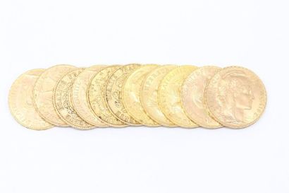 null Lot de 11 pièces en or :

- 2 piècesDeuxième République, Cérès, Paris, 1850.

-...