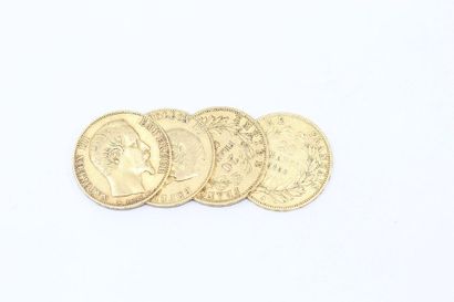 null Lot de 4 pièces de 20 Francs or Napoléon III tête nue, Paris 1854, 1856, 1859,...