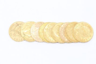 null Lot composé de 9 pièces en or de 20 francs : 

- Cérès, Paris, 1851 x 2.

-...