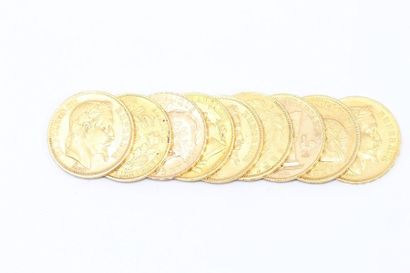 null Lot composé de 9 pièces en or de 20 francs : 

- Cérès, Paris, 1851 x 2.

-...