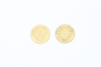 null Lot de 2 pièces de 10 Francs or Napoléon III tête nue Paris, 1856, 1859.

Poids...
