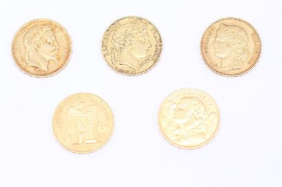 Lot de 5 pièces en or de 20 francs comprenant...