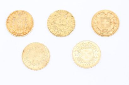 null Lot de 5 pièces en or de 20 francs comprenant :

- 2 x 20 francs suisse, 1909...
