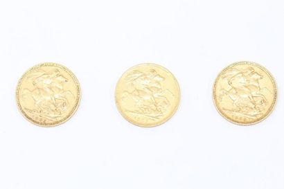 null Trois pièces en or 1 souverain Victoria effigie du jubilé 1887 - 1889 (2 ex.).

B...