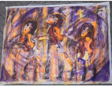 null HRASARKOS (né en 1975) 

Trois femmes au violon 

Huile sur toile sans chassis

Manques,...