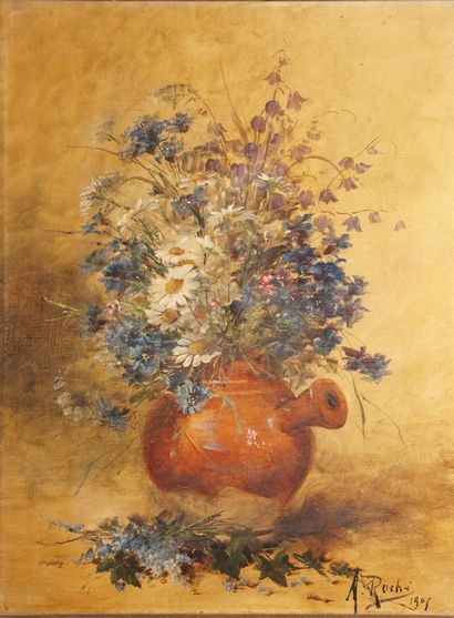 null ROCHÉ A., XXe siècle,

Paquerettes et bleuets, 1905,

huile sur toile (petit...