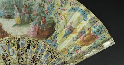  Vendanges, vers 1740-1750 Éventail plié, la feuille double en papier peint à la...