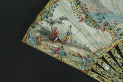  Le panier, vers 1760 Éventail plié, la feuille en papier peint à la gouache d'un...