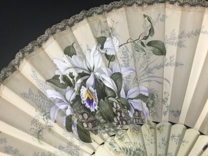 null Orchid and violets, circa 1880-1890

Folded fan, the cream satin leaf painted...