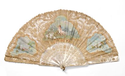  Child Zephyr, circa 1890 
Folded fan, the white lace leaf with floral decoration...