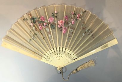 null Two fans, circa 1890

*One, a satin leaf painted with two birds among flowering...