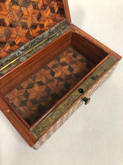 null "Small treasure chest" in inlaid wood, the outside decorated with quatrefoil...