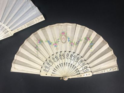 null Four fans, 19th century

*One, the creamy satin leaf painted with a spray of...