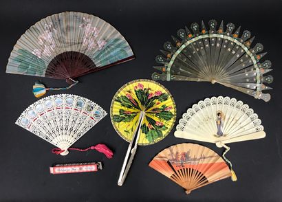 null Five contemporary fans including a souvenir fan of the French Riviera, and a...