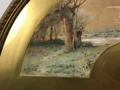 null A.Morlot, Paysage, vers 1880

Feuille d'éventail en peau peinte d'un paysage...