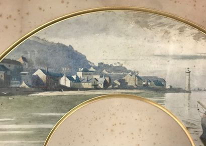 null View of the harbour, circa 1920

Cream skin fan leaf painted with a view of...
