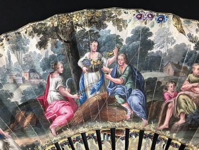  Les quatre saisons, vers 1750 Éventail plié, la feuille en peau peinte à la gouache...