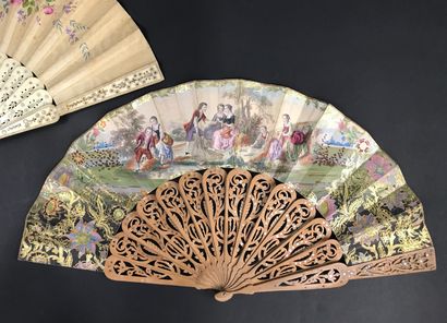 null Two fans, circa 1850-1860

*One, the painted cream silk leaf of two children...