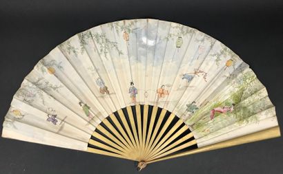 null Three fans, circa 1890-1900

The fabric leaves, one painted with swallows, the...