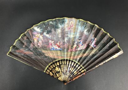  Sleeping Love, circa 1690 
Folded fan, the leaf in skin painted on a brown background...