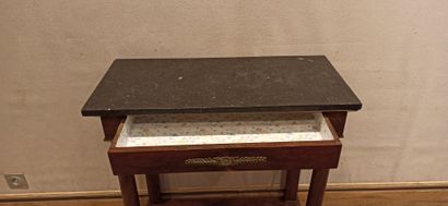 null Mahogany and mahogany veneer console opening to 1 drawer in belt. Gilt bronze...