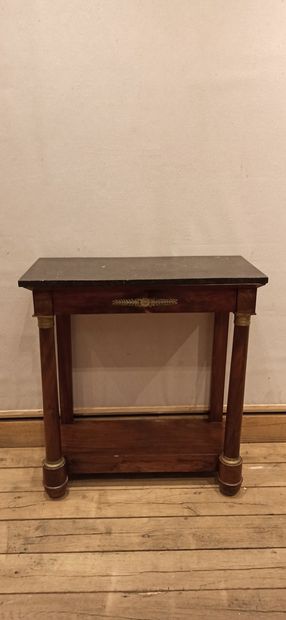 null Mahogany and mahogany veneer console opening to 1 drawer in belt. Gilt bronze...