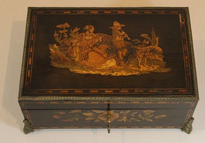 null Jewelry box made of wood and Niçoise marquetry, the lid decorated with a peasant...