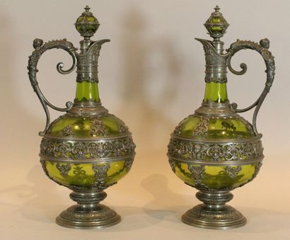 Pair of Renaissance style decanters in green...