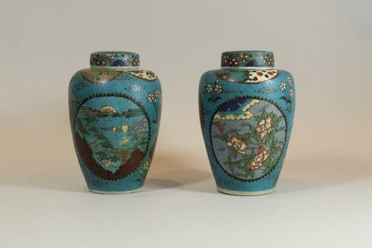 Pair of ovoid stoneware covered pots with...