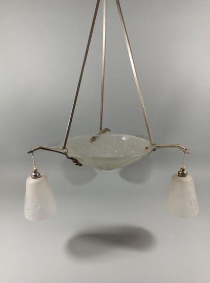 null MULLER BROTHERS 

Hanging lamp in pressed white moulded glass with stylised...