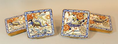 null GIEN twelve earthenware dessert plates with square section, peacock model. Stamped...