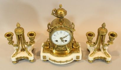 null Louis XVI style bronze and white marble chenille set including a clock surmounted...