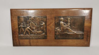 null BLIN Edouard, 1877-1946

Two large rectangular bronze medals fixed on a wooden...