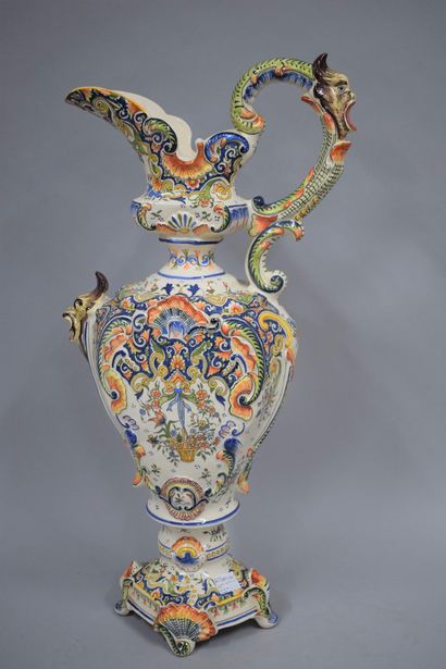 null Large ewer in polychrome earthenware from Desvres with a rich "Rouen" decoration...