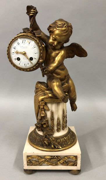 null Clock made of a fluted white marble column decorated with a garland of laurel...