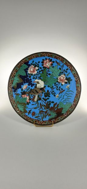 null Dish in cloisonné enamels decorated with two birds and an insect in a vegetal...