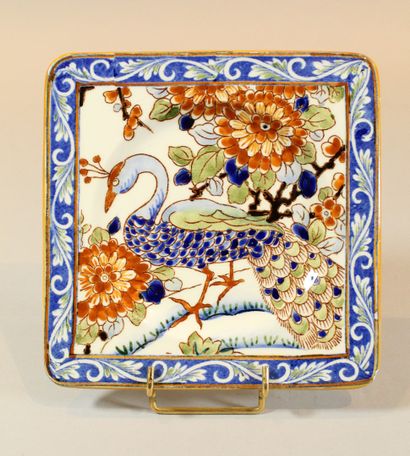 null GIEN twelve earthenware dessert plates with square section, peacock model. Stamped...