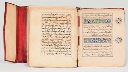 null Manuscrit religieux, Maghrebi, cartouche de titre et médaillons maginaux enluminés,...