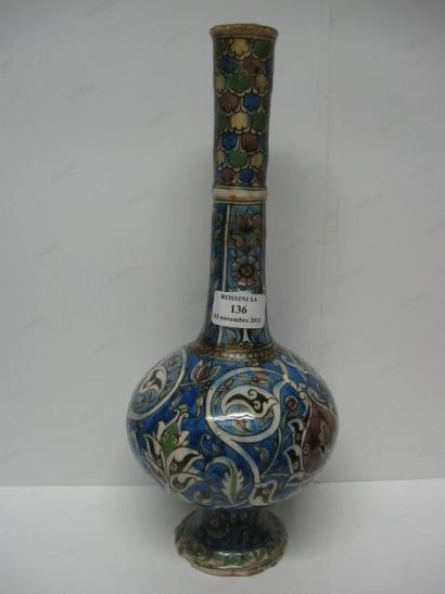 null Vase bouteille sphérique à col tubulaire à décor floral polychrome. Iran, Kadjar,...