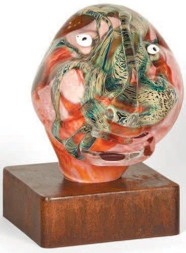 SEURAT Jean-Pierre (1952 - 2009) "Tête Rose" Sculpture en verre soufflé d'une tête...