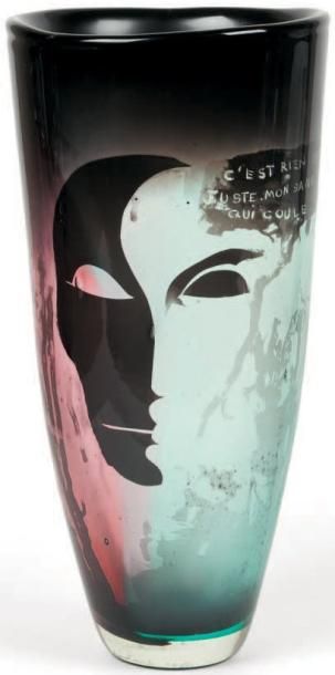UMBDENSTOCK Jean-Pierre (1950 - 2011) Haut vase cylindrique en verre soufflé; décor...