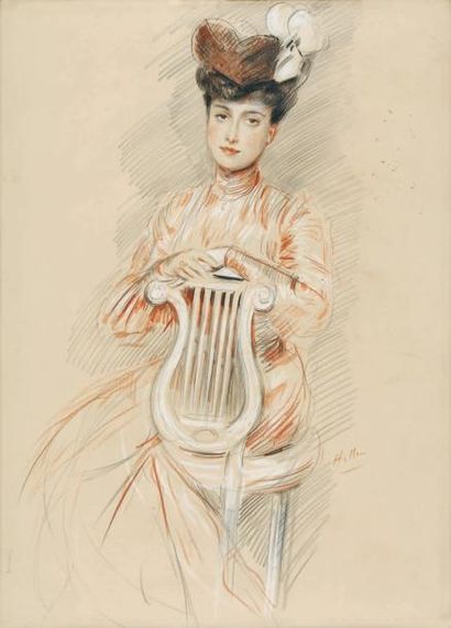 Paul César HELLEU Élégante à la chaise longue Dessin aux trois crayons sur Japon...